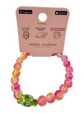 Simply Southern Pink Beaded Stretch Bracelet with Turtle Animal Tracker